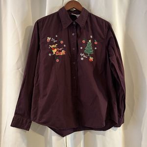 Disney's Winnie The Pooh Button Down Long Sleeve Women's Plum Size L Seasonal‎